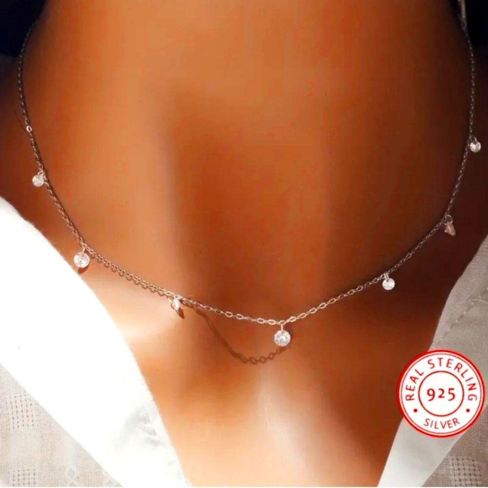 925 Sterling silver necklace. Look of diamonds. Delicate SS. Every day l…